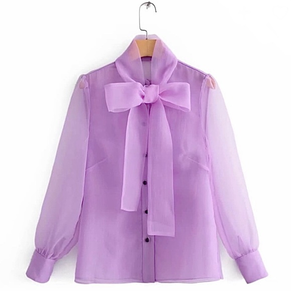 Zara Lavender Sheer Bow-Tie Blouse - Picture 11 of 16